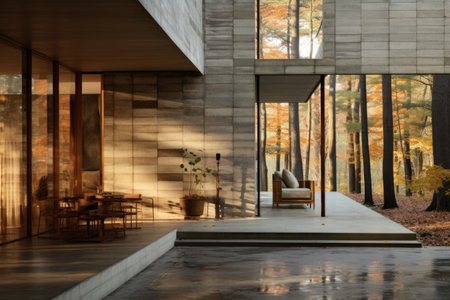 A sense of movement and rhythm is achieved as the home front wall design showcases alternating bands of concrete and glass, creating a captivating visual rhythm. Generative AIの素材