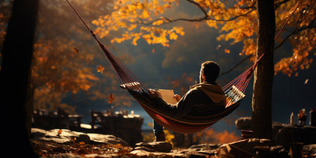 A person leisurely reading a book on a hammock amidst colorful fall foliage. Generative AIの素材