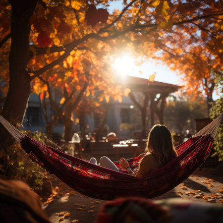 Fall Retreat: Person Relaxing on a Hammock, Engrossed in a Book amid Vibrant Autumn Leaves. Generative AIの素材