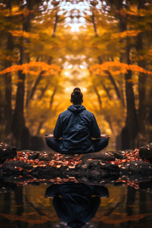 Tranquil Forest Meditation: Person Deep in Meditation Amidst Vibrant Fall Colors. Generative AIの素材