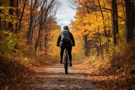 A group of people enjoying a bike ride on a trail lined with trees showcasing fall colors. Generative AIの素材