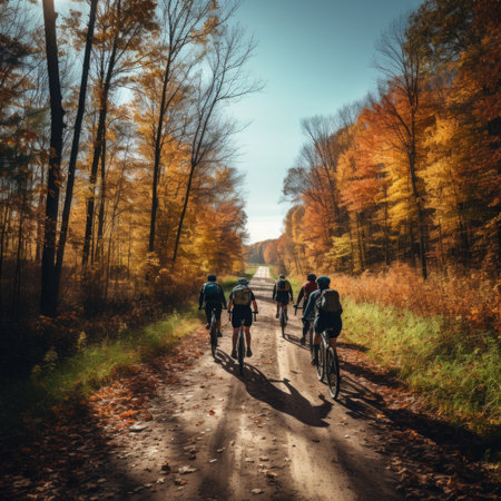 A group of people enjoying a bike ride on a trail lined with trees showcasing fall colors. Generative AIの素材