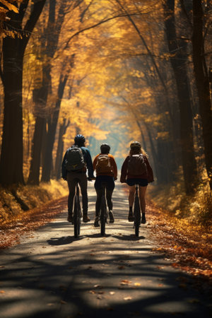 Fall Bike Adventure: Group of Cyclists Enjoying a Ride on a Tree-Lined Trail Bursting with Autumn Hues. Generative AIの素材