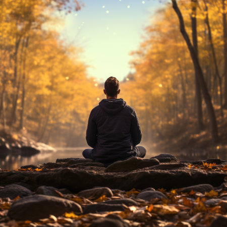 Fall Foliage Meditation: Someone in Deep Meditation, Surrounded by Vibrant Autumn Hues in the Forest. Generative AIの素材