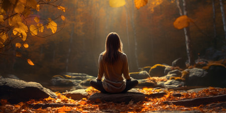Tranquil Forest Meditation: Person Deep in Meditation Amidst Vibrant Fall Colors. Generative AIの素材
