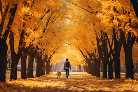 Colorful Park Adventure: A Man and His Dog Delight in a Walk through Fall Foliage, Radiating Happiness. Generative AIの素材