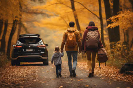 A joyful family going on a scenic fall road trip with a car packed full of camping gear. Generative AIの素材