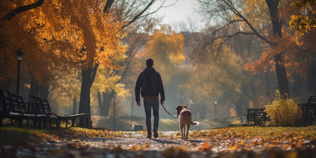 Fall Stroll Bliss: A Joyful Man and His Dog Walk Amidst the Vibrant Autumn Leaves in the Park. Generative AIの素材