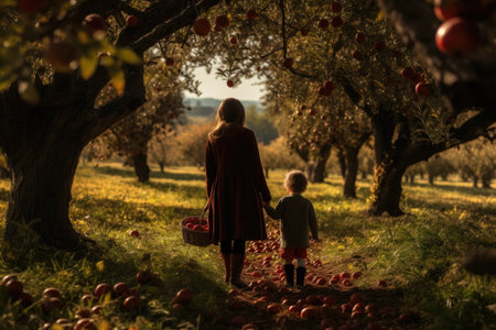 Fall Harvest Bonding: Mother and Child Picking Apples in an Orchard Amidst Trees Aglow with Autumn Shades. Generative AIの素材