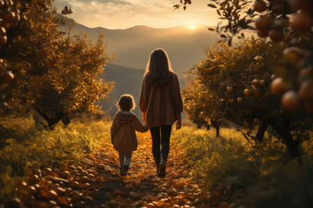 A mother and her child picking apples in an orchard with trees full of fall colors. Generative AIの素材