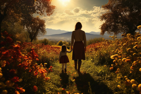 A mother and her child picking apples in an orchard with trees full of fall colors. Generative AIの素材