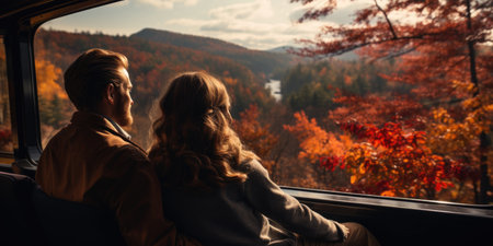 Fall Train Adventure: A Couple's Smiles Illuminate the Scene as They Point at the Mesmerizing Autumn Landscape. Generative AIの素材