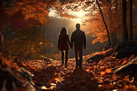 Fall Stroll Romance: A Couple Graces the Forest, Hand-in-Hand, Amidst the Enchanting Palette of Changing Leaves. Generative AIの素材