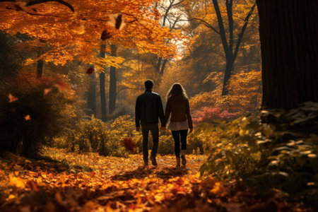 A couple walking hand-in-hand through a forest with leaves changing colors. Generative AIの素材