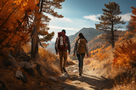 Friends hiking on a trail with colorful autumn leaves and a clear blue sky. Generative AIの素材