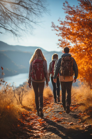 Friends hiking on a trail with colorful autumn leaves and a clear blue sky. Generative AIの素材