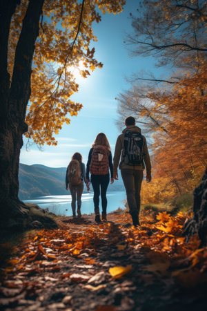 Autumn Adventure: Friends Embark on a Hike through a Trail Painted with Vibrant Leaves under a Clear Blue Sky. Generative AIの素材
