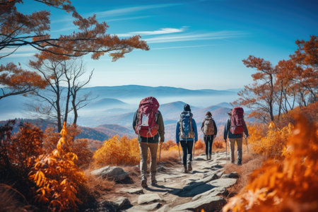Autumn Adventure: Friends Embark on a Hike through a Trail Painted with Vibrant Leaves under a Clear Blue Sky. Generative AIの素材