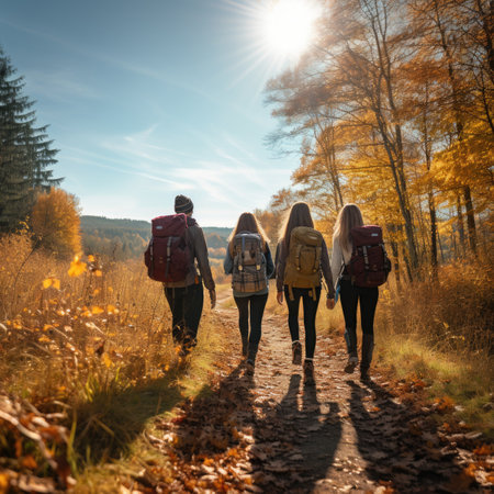 Hiking in Color: Friends Traverse a Path Lined with Fall Foliage and Bask in the Beauty of a Clear Blue Sky. Generative AIの素材