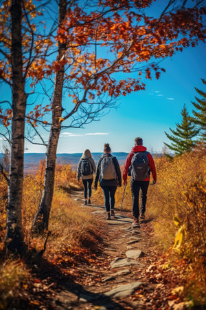 Hiking in Color: Friends Traverse a Path Lined with Fall Foliage and Bask in the Beauty of a Clear Blue Sky. Generative AIの素材