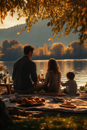 A family enjoying a picnic in a park with autumn colors and fallen leaves around. Generative AIの素材
