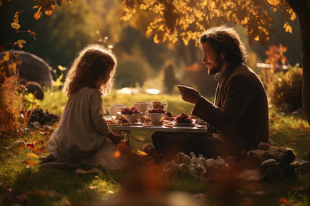 A family enjoying a picnic in a park with autumn colors and fallen leaves around. Generative AIの素材
