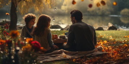Park Gathering: A Family's Heartwarming Picnic amid Nature's Changing Palette, Where Laughter and Autumn Colors Abound. Generative AIの素材