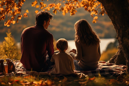 Fall Picnic Bliss: A Family Delights in a Park, Surrounded by Autumn Hues and Scattered Leaves, Sharing a Joyful Picnic. Generative AIの素材