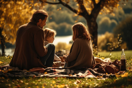 Fall Picnic Bliss: A Family Delights in a Park, Surrounded by Autumn Hues and Scattered Leaves, Sharing a Joyful Picnic. Generative AIの素材