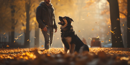 Leafy Playtime: A Man and His Loyal Dog Engage in a Spirited Game of Fetch amidst the Falling Leaves of a Park. Generative AIの素材