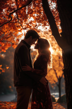 A couple sharing a romantic kiss under a tree with colorful autumn leaves. Generative AIの素材