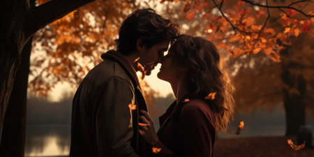 A couple sharing a romantic kiss under a tree with colorful autumn leaves. Generative AIの素材