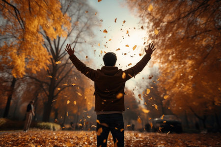 A teenager catching falling leaves in a park filled with autumn colors. Generative AIの素材