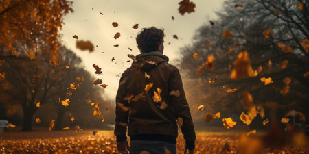 Seasonal Joy: A Teenager's Lightheartedness Shines as They Catch Falling Leaves, Enveloped by the Vivid Autumn Palette of the Park. Generative AIの素材
