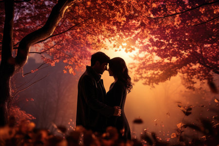 A couple sharing a romantic kiss under a tree with colorful autumn leaves. Generative AIの素材