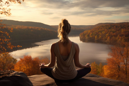 Yoga Amidst Autumn Splendor: A Woman Finds Serenity on a Hilltop, Engaging in Yoga Poses as She Absorbs the Panoramic Fall Foliage. Generative AIの素材