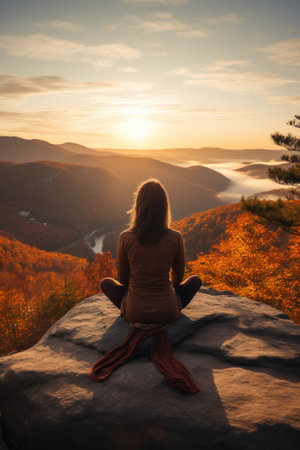 A woman practicing yoga on a hilltop with a panoramic view of fall foliage. Generative AIの素材