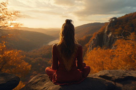 Yoga Amidst Autumn Splendor: A Woman Finds Serenity on a Hilltop, Engaging in Yoga Poses as She Absorbs the Panoramic Fall Foliage. Generative AIの素材
