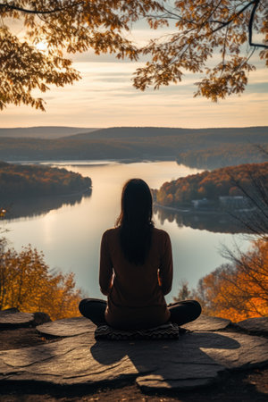 A woman practicing yoga on a hilltop with a panoramic view of fall foliage. Generative AIの素材