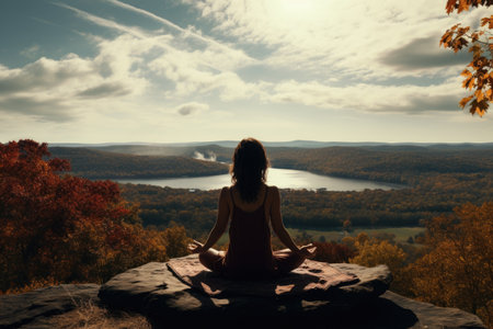 A woman practicing yoga on a hilltop with a panoramic view of fall foliage. Generative AIの素材