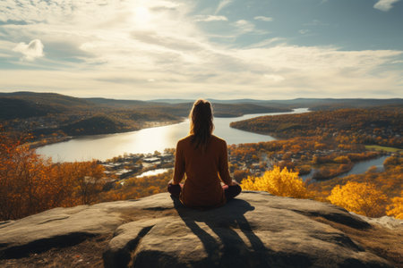 A woman practicing yoga on a hilltop with a panoramic view of fall foliage. Generative AIの素材