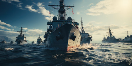 Silhouetted against the setting sun, a fleet of naval vessels sails resolutely towards the distant horizon, forging ahead with unwavering determination. Generative AIの素材