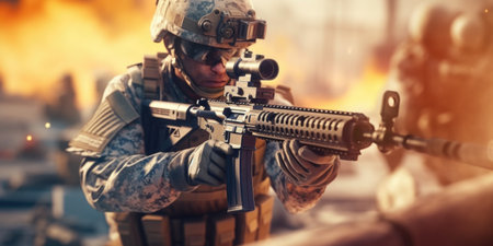 Amidst the chaos of combat, a soldier takes control of a heavy machine gun, becoming a formidable force that strikes fear into the hearts of adversaries. Generative AIの素材