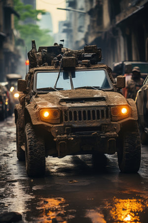 With determination etched on their faces, soldiers in a military convoy brave the treacherous urban environment, moving with precision and vigilance. Generative AIの素材