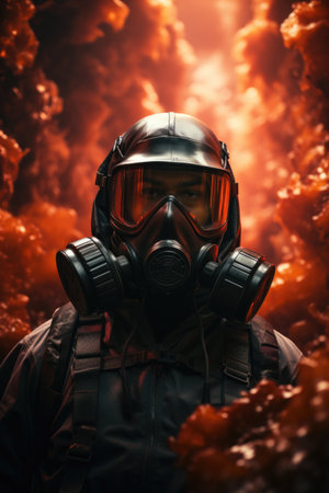 Undeterred by the enveloping smoke, a soldier in a gas mask forges ahead, demonstrating their adaptability and readiness in the face of unpredictable conditions. Generative AIの素材