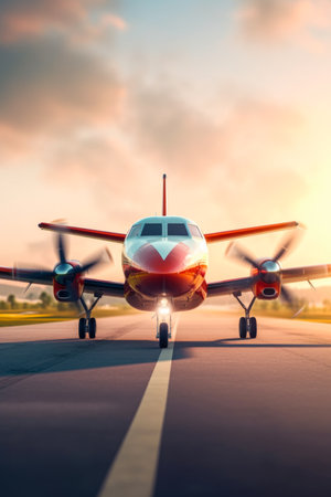 Airplane on the runway at sunset. Travel by plane concept.の素材