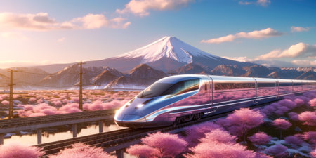 High-speed train on the road with pink flowers in the foregroundの素材