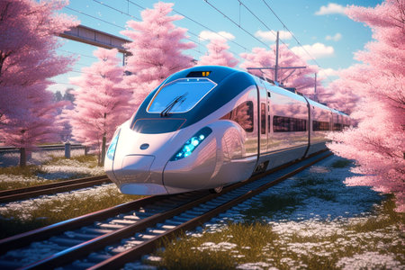 High-speed train on the background of the bridge and blue skyの素材