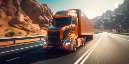 Innovation and efficiency merge as a cutting-edge AV cargo truck transports a heavy load of cargo containers down the highway. Generative AIの素材