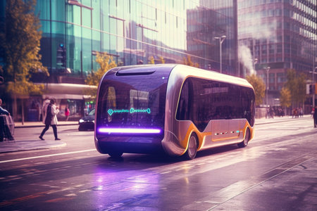 Modern bus on the street in the city. Urban transport concept.の素材